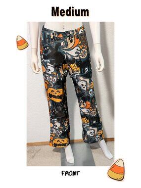 Spooky Vintage-Halloween Graphic Pants Ghost Pumpkin Black Cat Novelty Jeans W28